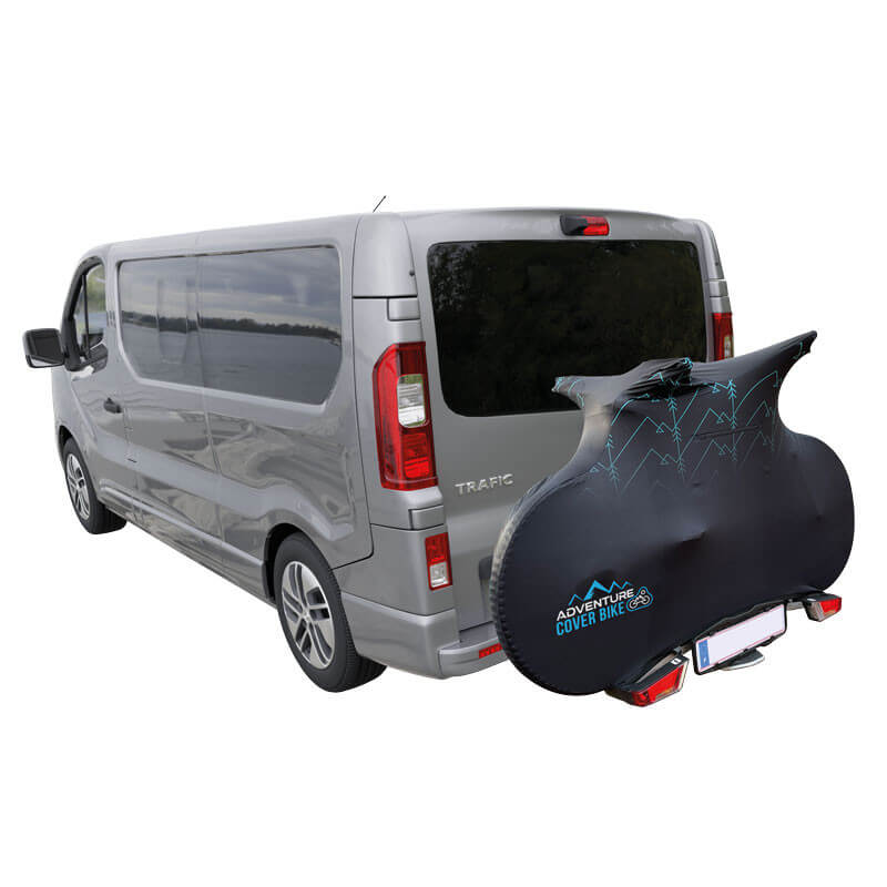 Bâche ADVENTURE COVER BIKE installée sur 2 vélos chargés sur un van
