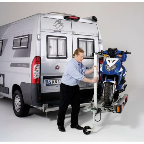 The Agito 1 motorbike carrier for vans is easy to open thanks to the jockey wheel, even when heavily loaded.